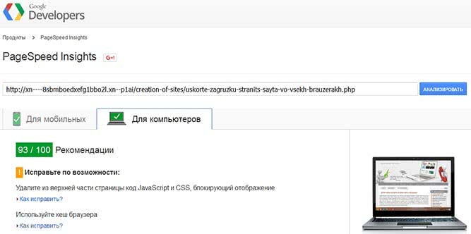Определение скорость загрузки страницы Google PageSpeed Insights